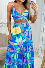 Hnewly - Fashion Print Patchwork Spaghetti Strap Sleeveless Two Pieces(3 Colors) Blue / S