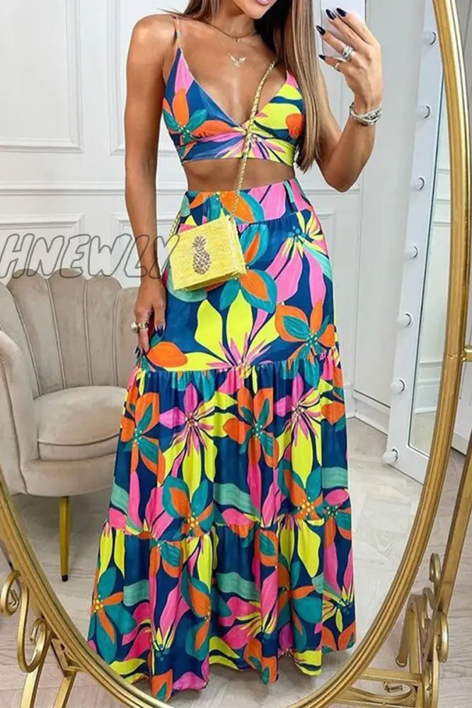 Hnewly - Fashion Print Patchwork Spaghetti Strap Sleeveless Two Pieces(3 Colors) Pink Purple / S