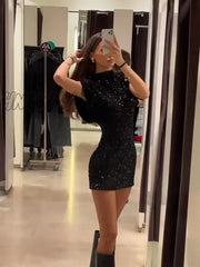 Hnewly Fashion Sequin Mini Dress For Women Elegant O-Neck Fly Sleeve Shiny Short Female Y2K Chic
