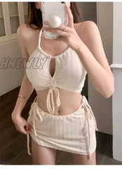 Fashion Sexy Ribbed Halter Bikinis Set Three Pieces Sets Drawstring Tie Swimsuit with Mini Skirt Swimwear Beach Wear