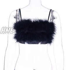 Hnewly Fashion Sexy Spaghetti Straps Pink Feather Crop Top Women Camisole Sleeveless Tops Party