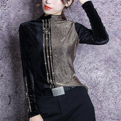 Hnewly Fashion Shiny Diamonds T - Shirt Women Color Block Turtleneck Long Sleeve Tshirt Casual