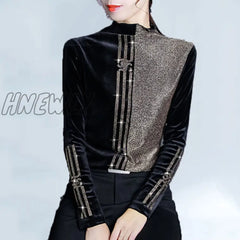 Hnewly Fashion Shiny Diamonds T - Shirt Women Color Block Turtleneck Long Sleeve Tshirt Casual