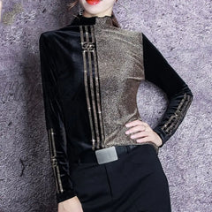 Hnewly Fashion Shiny Diamonds T - Shirt Women Color Block Turtleneck Long Sleeve Tshirt Casual