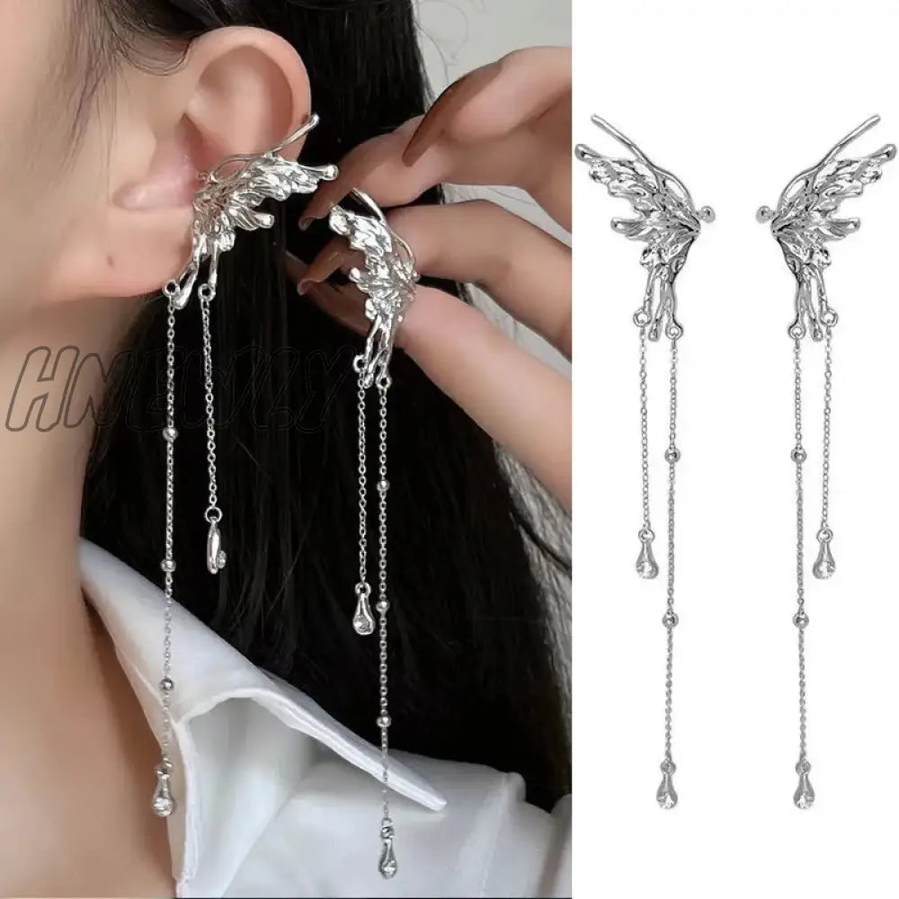 Hnewly Fashion Silver Color Metal Angel Wings Tassels Ear Clips Liquid Butterfly Long Cuff For