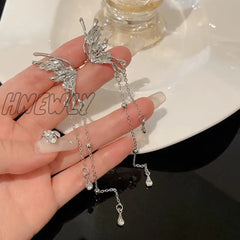 Hnewly Fashion Silver Color Metal Angel Wings Tassels Ear Clips Liquid Butterfly Long Cuff For