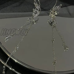 Hnewly Fashion Silver Color Metal Angel Wings Tassels Ear Clips Liquid Butterfly Long Cuff For