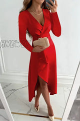 Hnewly - Fashion Solid Patchwork V Neck Asymmetrical Dresses(5 Colors) Red / S Dresses/Long Sleeve
