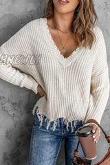 Hnewly - Fashion Solid Tassel V Neck Sweaters(8 Colors) Apricot / S Tops/Sweaters & Cardigans