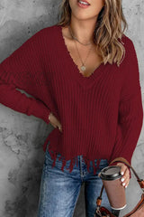 Hnewly - Fashion Solid Tassel V Neck Sweaters(8 Colors) Burgundy / S Tops/Sweaters & Cardigans