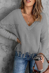 Hnewly - Fashion Solid Tassel V Neck Sweaters(8 Colors) Grey / S Tops/Sweaters & Cardigans