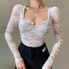 Hnewly Fashion Spring Summer Women Bustier Lace Tshirts V Neck Long Sleeve Transparent Office Lady