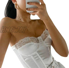 Hnewly Fashion Strapless Lace Satin Spliced Crop Top Elegant Women Back Zipper Summer Short Casual