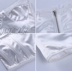 Hnewly Fashion Strapless Lace Satin Spliced Crop Top Elegant Women Back Zipper Summer Short Casual