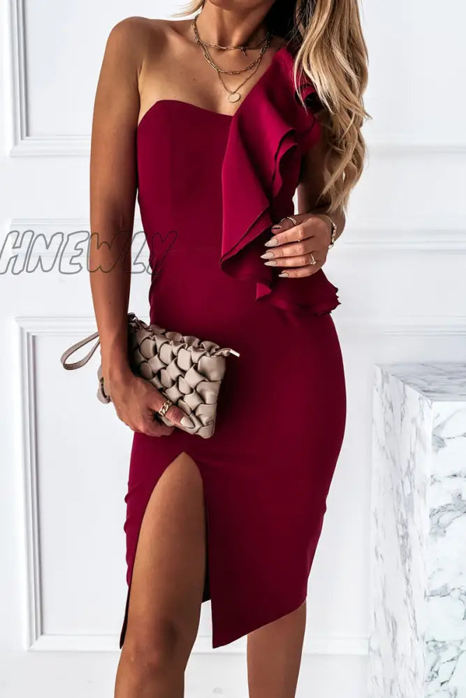Hnewly - Fashion Street Solid Patchwork Slit One Shoulder Wrapped Skirt Dresses Red / S Dresses/Midi