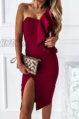 Hnewly - Fashion Street Solid Patchwork Slit One Shoulder Wrapped Skirt Dresses Red / S Dresses/Midi