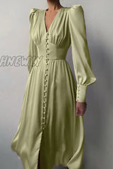 Hnewly - Fashion Street Solid Patchwork V Neck A Line Dresses(7 Colors) Green / Xs Dresses/Midi