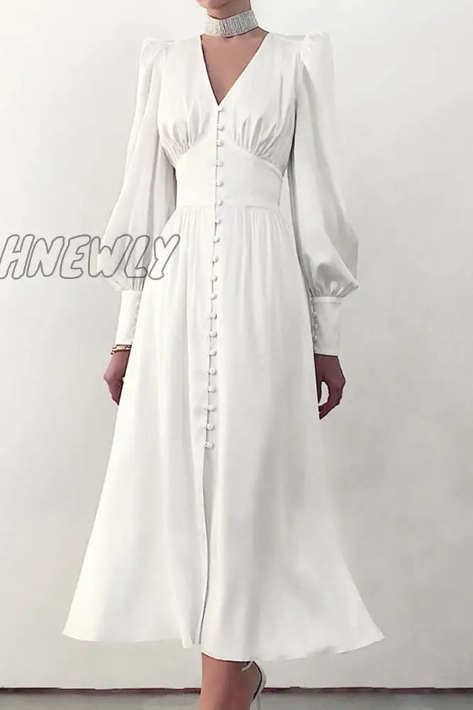 Hnewly - Fashion Street Solid Patchwork V Neck A Line Dresses(7 Colors) White / Xs Dresses/Midi