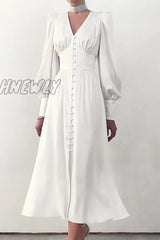 Hnewly - Fashion Street Solid Patchwork V Neck A Line Dresses(7 Colors) White / Xs Dresses/Midi