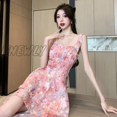Hnewly Fashion Vintage Womens Sweet Lace-Up Boho Dress Summer Casual Print Short Sleeve Square Neck