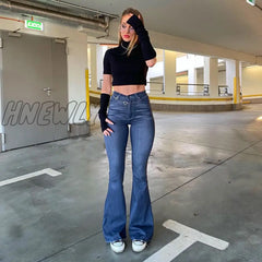 Hnewly Fashion Women Pants High Waist Flared Jeans Blue Skinny Streetwear Y2K Vintage Quality