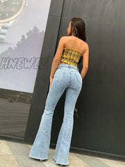 Hnewly Fashion Women Pants High Waist Flared Jeans Blue Skinny Streetwear Y2K Vintage Quality