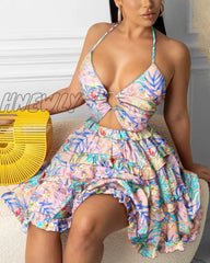 Hnewly Fashion Women Sexy Backless Halter Floral Print Mini Dress Beach Dresses O-Ring Cut-Out