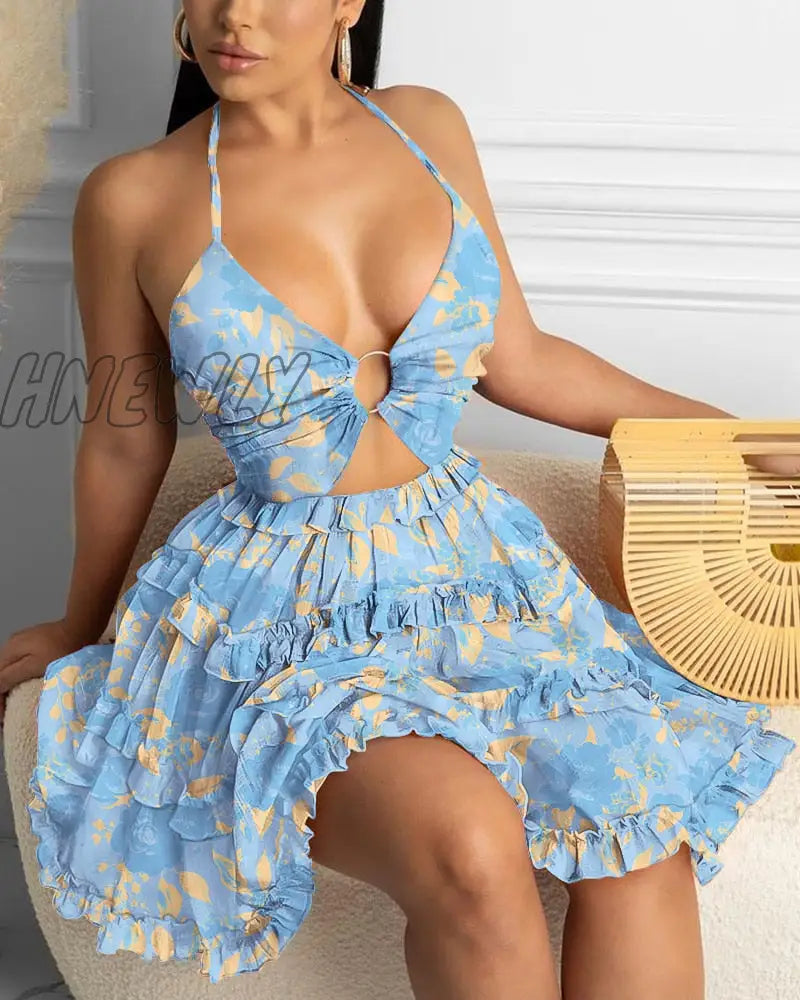 Hnewly Fashion Women Sexy Backless Halter Floral Print Mini Dress Beach Dresses O-Ring Cut-Out