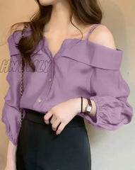 Hnewly Fashion Women Shirts Sexy Off Shoulder Blouse Summer Tops Casual Straps Button Long Sleeve
