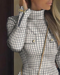 Hnewly Fashion Women Stand Collar Long Sleeve Mini Plaid Dress Pocket Design Zipper Cuff Casual