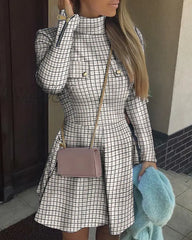 Hnewly Fashion Women Stand Collar Long Sleeve Mini Plaid Dress Pocket Design Zipper Cuff Casual
