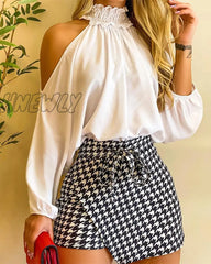 Hnewly Fashion Women Two Piece Set Could Shoulder Long Sleeve Top & Houndstooth Print Mini Skorts
