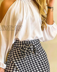 Hnewly Fashion Women Two Piece Set Could Shoulder Long Sleeve Top & Houndstooth Print Mini Skorts