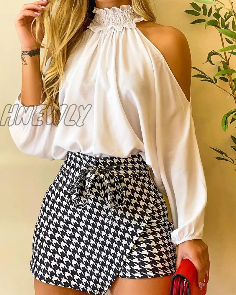 Hnewly Fashion Women Two Piece Set Could Shoulder Long Sleeve Top & Houndstooth Print Mini Skorts
