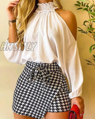 Hnewly Fashion Women Two Piece Set Could Shoulder Long Sleeve Top & Houndstooth Print Mini Skorts