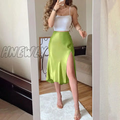 Hnewly Fashion Women Two Piece Set Party Wear Solid Spaghetti Strap Cropped Top & Midi Slit Skirt