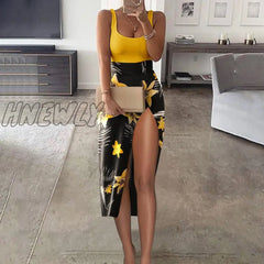 Hnewly Fashion Women Two Piece Set Party Wear Solid U Neck Tank Top & High Slit Printed Skirt Sets