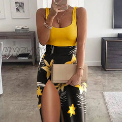 Hnewly Fashion Women Two Piece Set Party Wear Solid U Neck Tank Top & High Slit Printed Skirt Sets