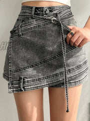 Hnewly Fashion Women’s Denim Skirt New High Waist Irregular Chain Spliced Gray Above Knee Skirts