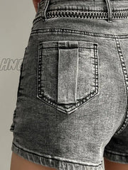 Hnewly Fashion Women’s Denim Skirt New High Waist Irregular Chain Spliced Gray Above Knee Skirts