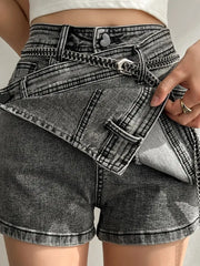 Hnewly Fashion Women’s Denim Skirt New High Waist Irregular Chain Spliced Gray Above Knee Skirts