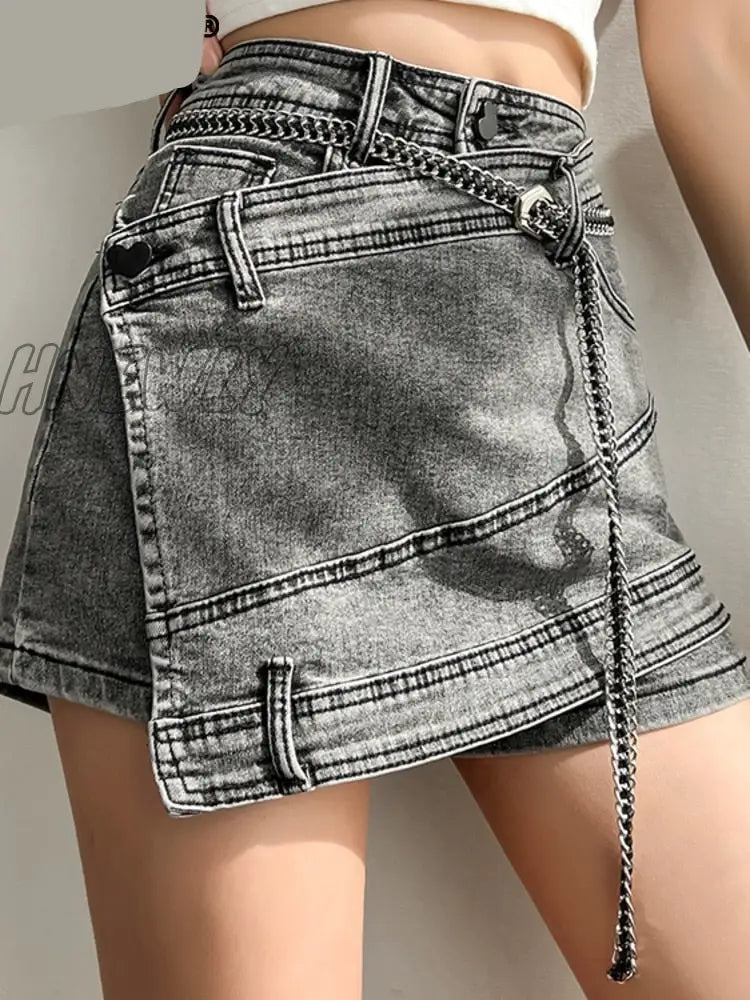 Hnewly Fashion Women’s Denim Skirt New High Waist Irregular Chain Spliced Gray Above Knee Skirts