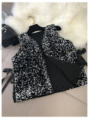 Hnewly Fashion Women’s New Heavy Industry Sparkling Sequin Vest Loose Lace Short One Hundred