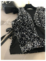 Hnewly Fashion Women’s New Heavy Industry Sparkling Sequin Vest Loose Lace Short One Hundred