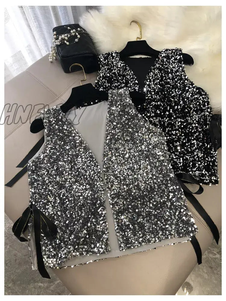 Hnewly Fashion Women’s New Heavy Industry Sparkling Sequin Vest Loose Lace Short One Hundred