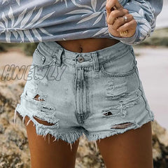 Hnewly Fashion Womens Pocket Short Jeans Buttons Hole Zipper High Waist Denim Shorts Female Summer