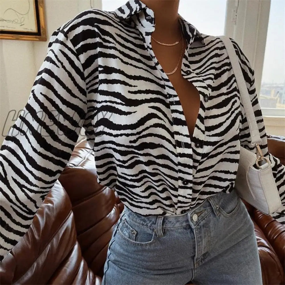 Hnewly Fashion Zebra Print Blouse Shirts Women Autumn Long Sleeve Lapel Beach Casual Loose Club