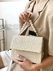 Hnewly - Faux Pearl Decor Flap Square Bag Women Satchels Beige Women-Satchels