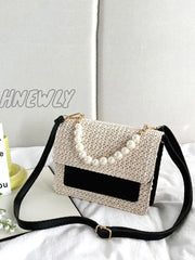 Hnewly - Faux Pearl Decor Flap Square Bag Women Satchels Black And White Women-Satchels