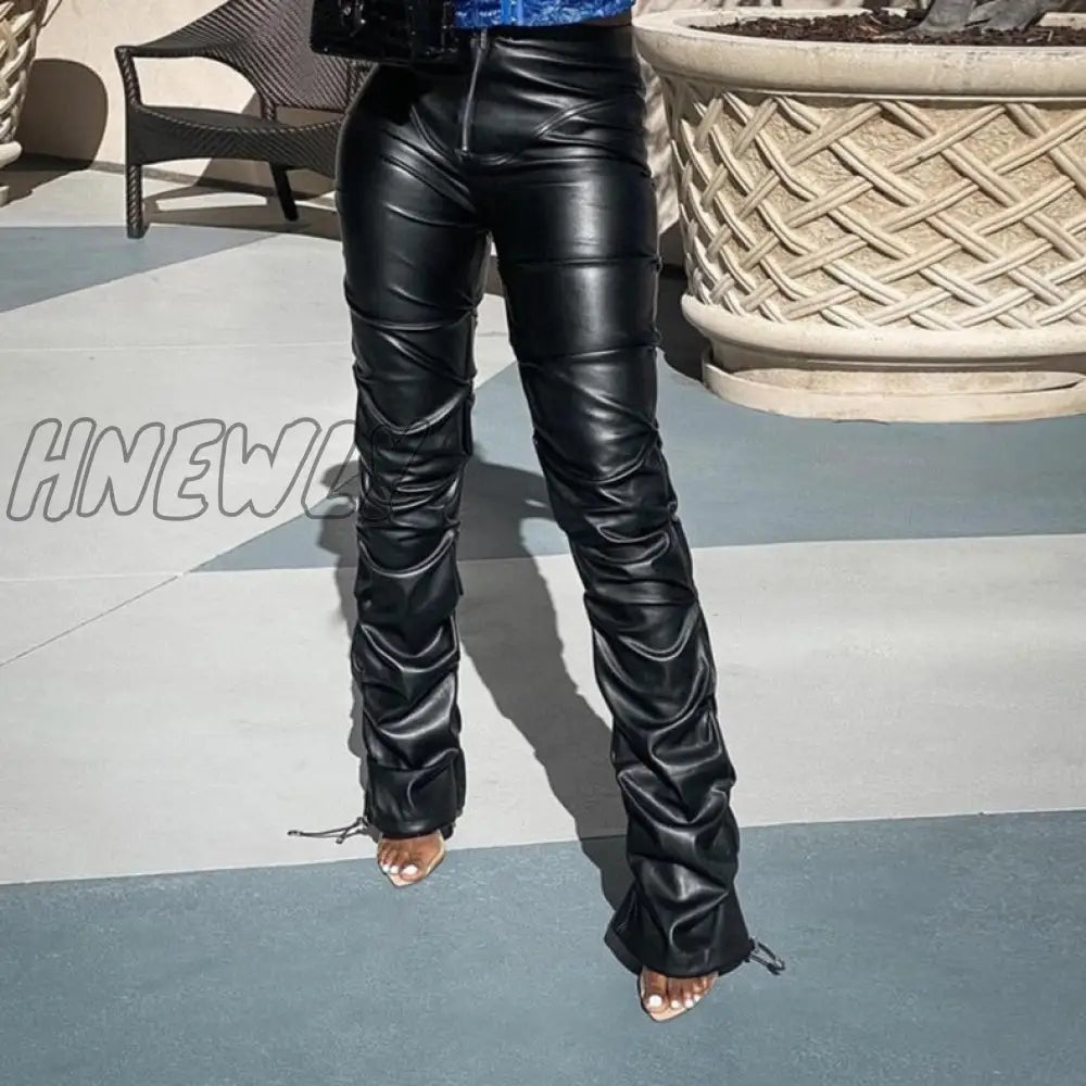 Hnewly Faux Pu Leather High Waist Black Stacked Pants Women Clothing Fashion Hipster Street Style